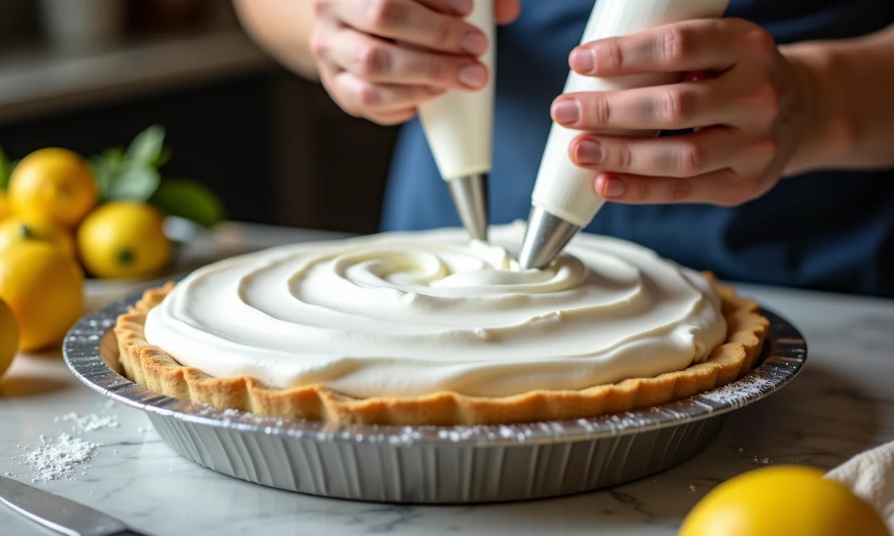 Montagem da torta de limão: mãos habilidosas aplicando o merengue.