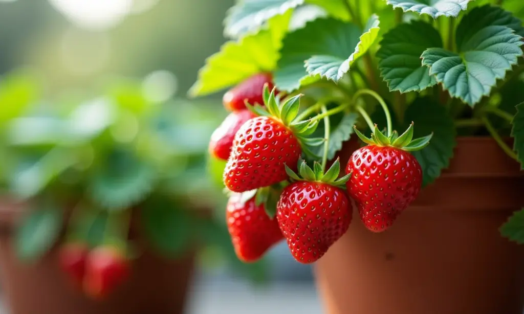 Morangos vermelhos vibrantes crescendo em vaso em uma varanda ensolarada.