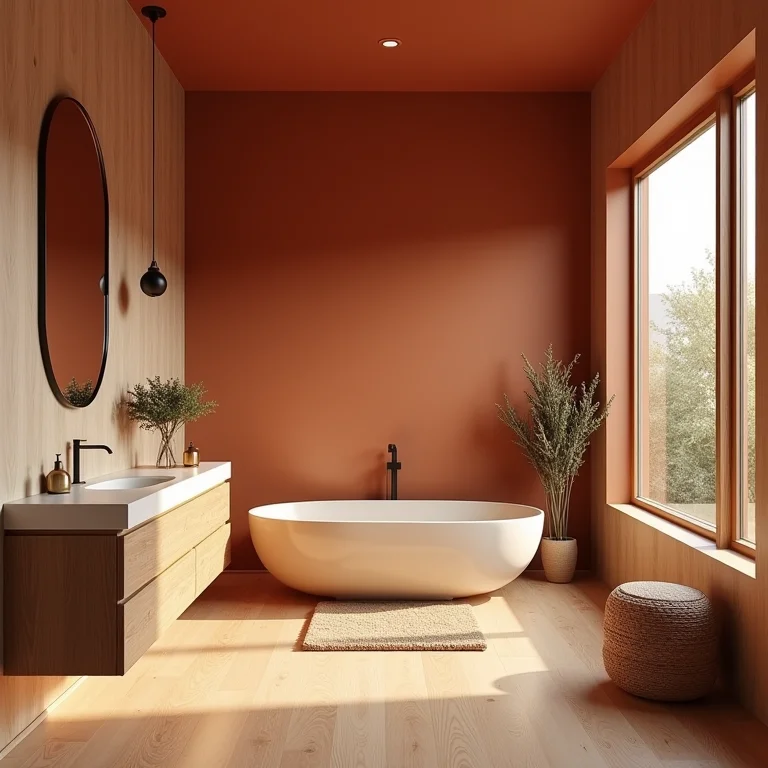 Móveis de madeira em banheiro com detalhes em terracota.