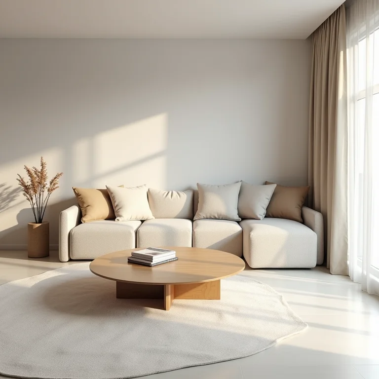 Móveis funcionais e atemporais em uma sala de estar minimalista