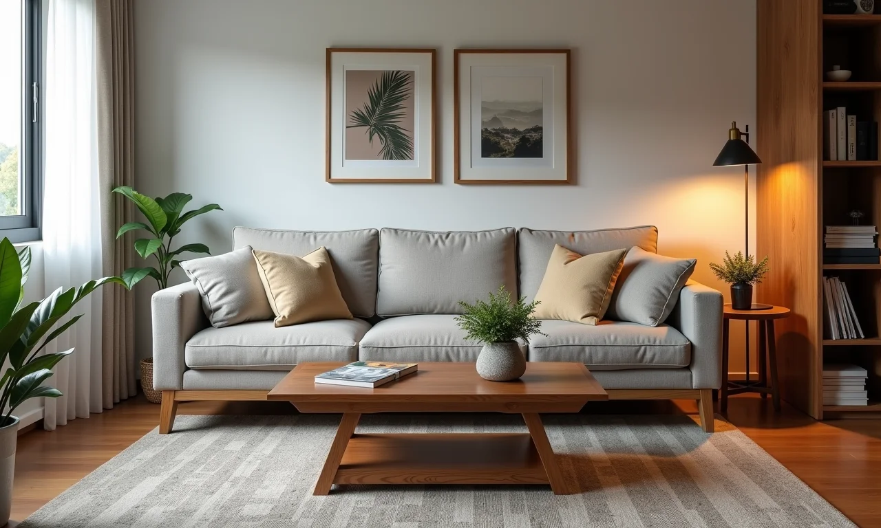 Móveis multifuncionais otimizando o espaço em sala pequena com sofá grande.