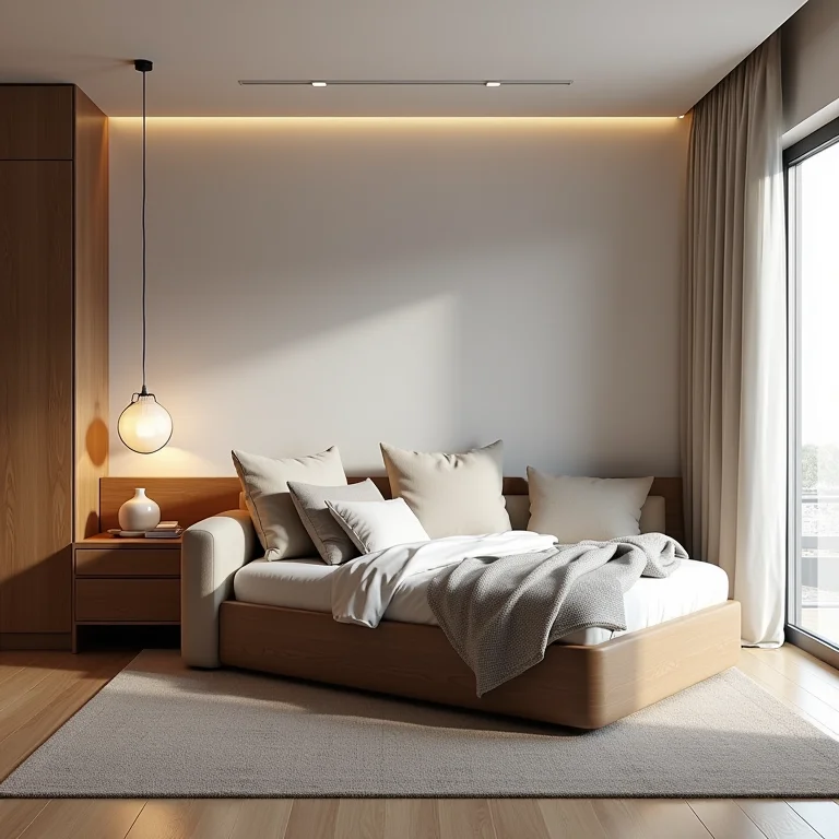 Móveis multifuncionais otimizando o espaço em um apartamento studio.