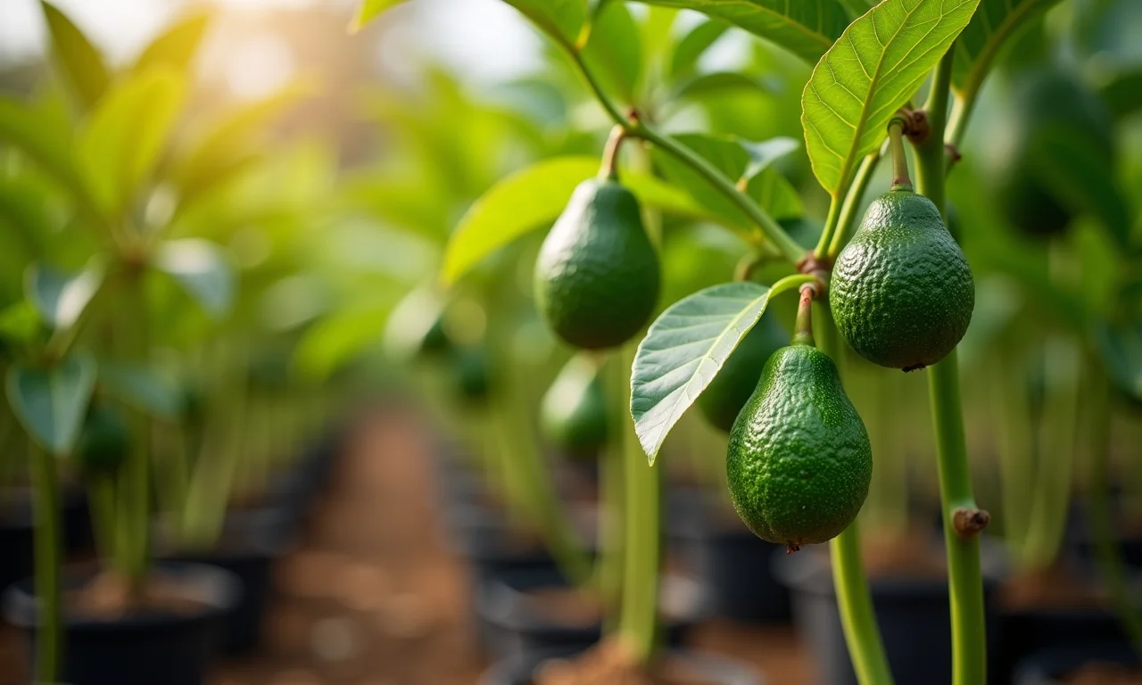 Mudas de abacate de diferentes tipos em viveiro ensolarado.