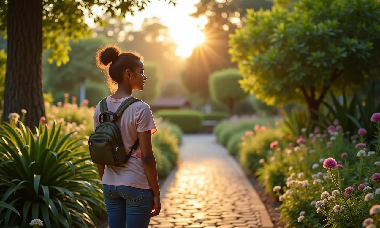 Mulher admirando um caminho de jardim recém-criado.