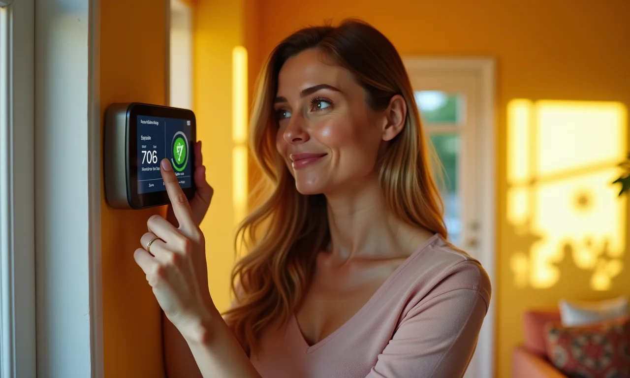 Mulher ajustando termostato inteligente em casa, otimizando o uso de energia.