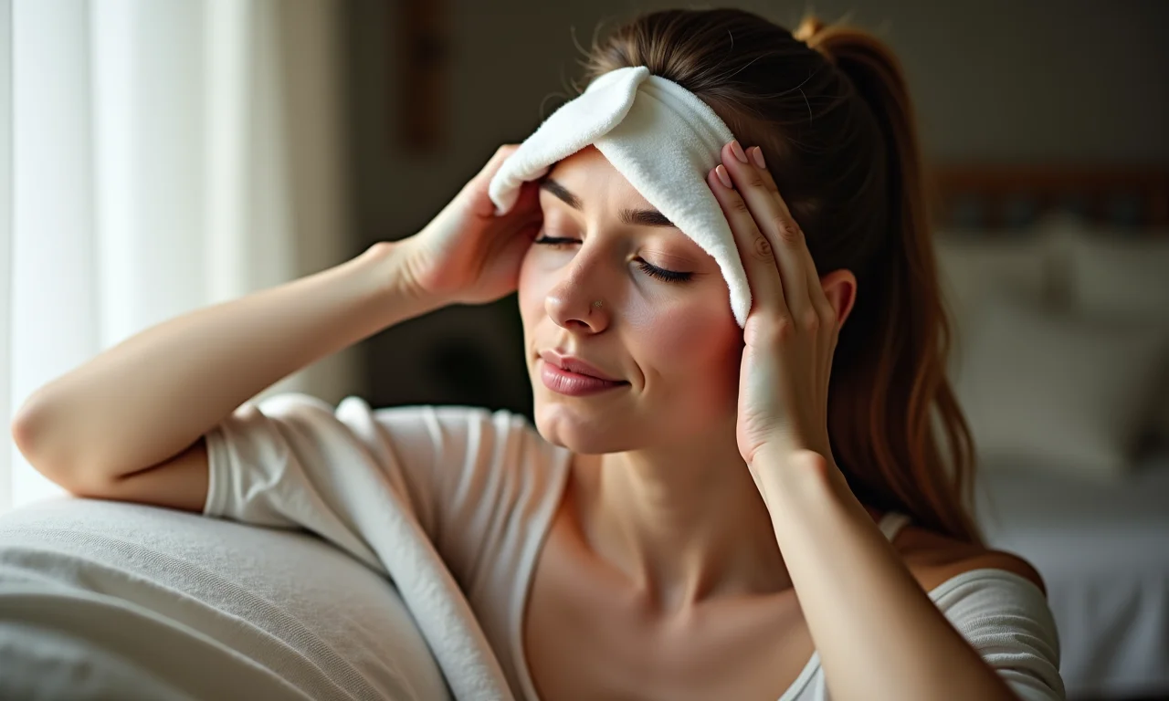 Mulher aliviando dor de cabeça com compressa fria em casa.