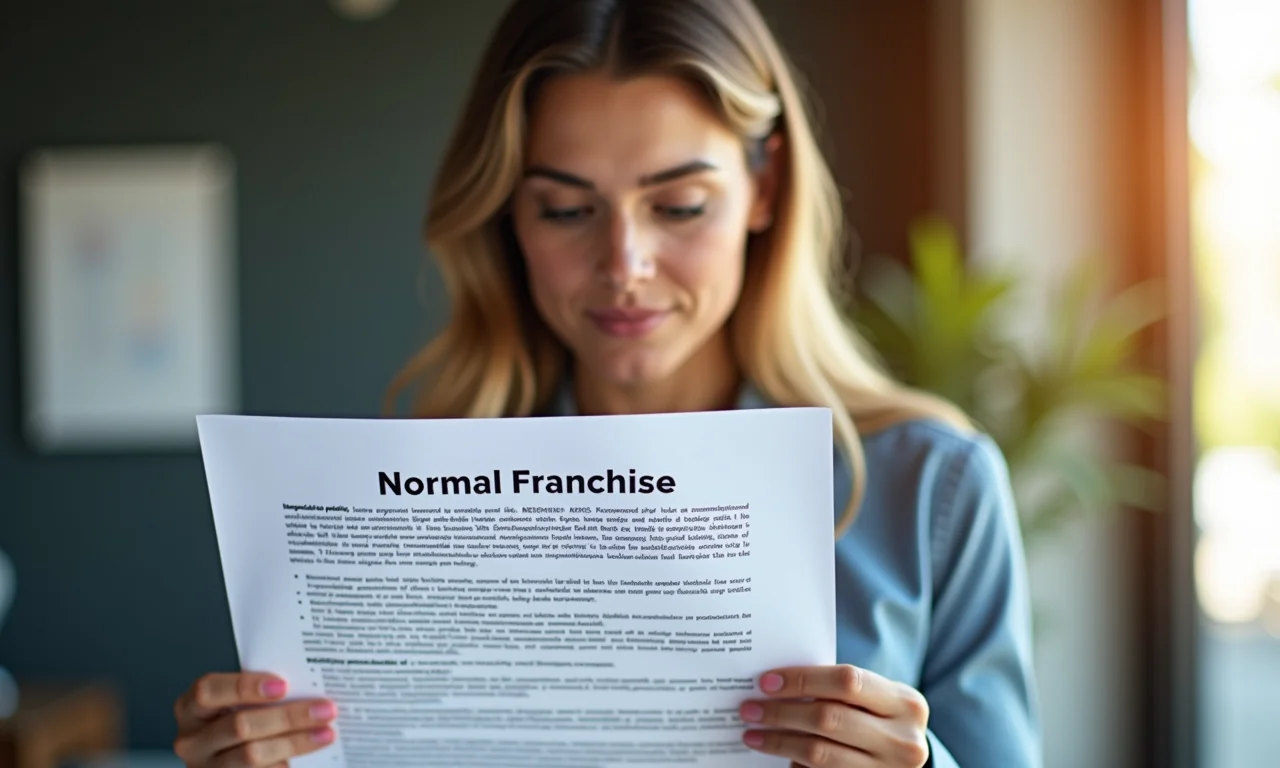 Mulher analisando apólice de seguro, com destaque para a seção 'Franquia Normal'.