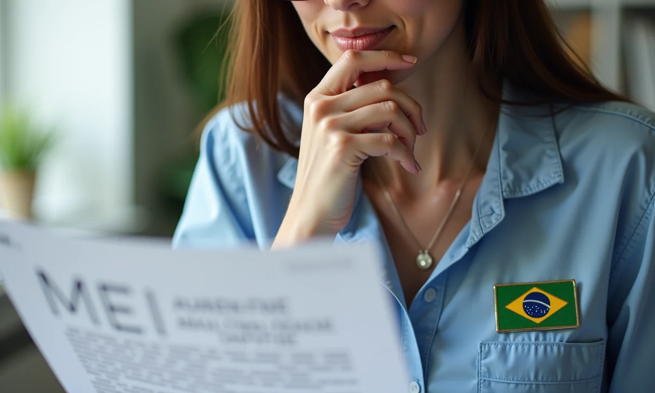 Mulher analisando documento MEI, pin da bandeira do Brasil, refletindo sobre a importância da atualização.