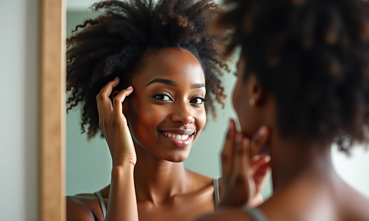 Mulher analisando seus cabelos saudáveis no espelho após tratamento capilar.