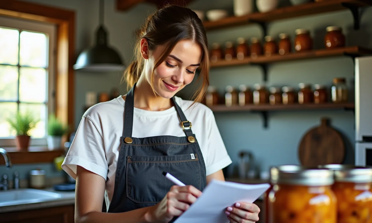 Mulher anota em checklist para iniciar MEI de conservas caseiras.