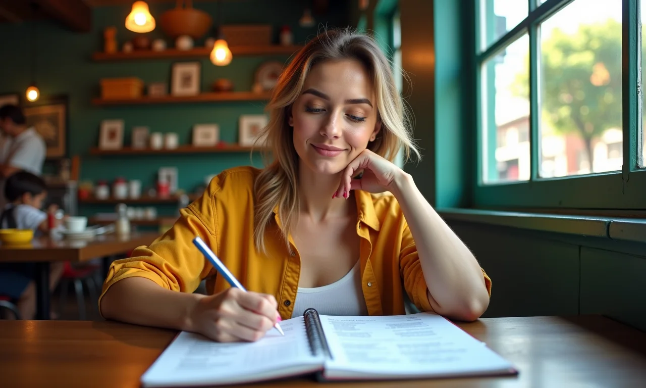 Mulher anotando em um diário em um café, observando seus hábitos de consumo em recibos.