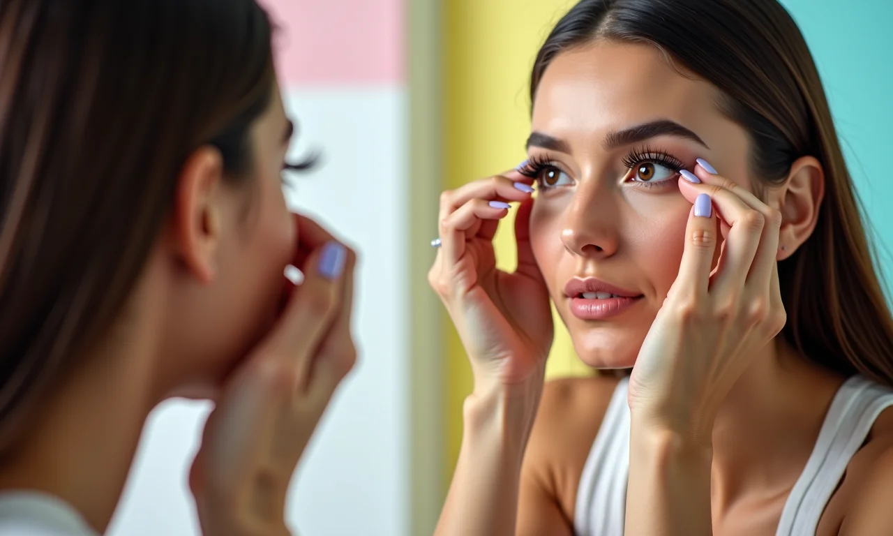 Mulher aplicando cílios com a cola Kiss i-Envy em frente ao espelho.