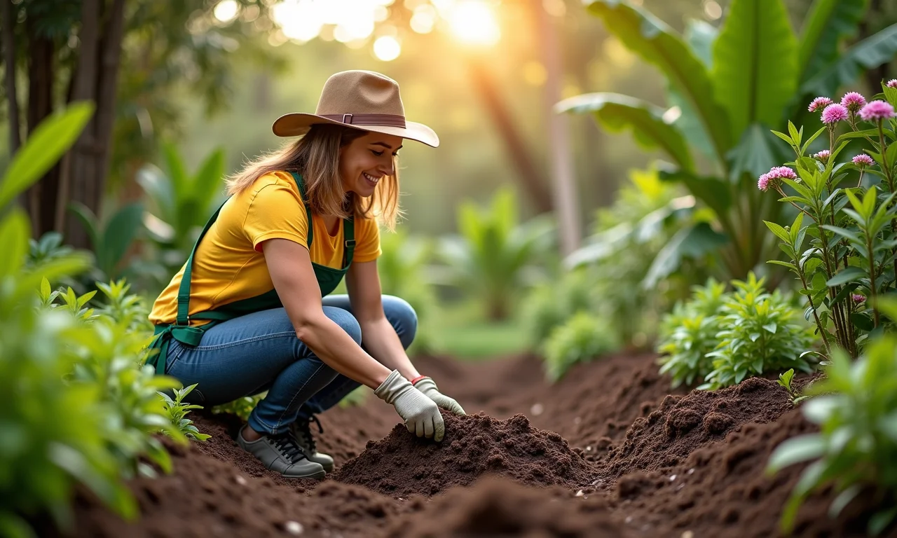 Mulher aplicando cobertura morta para reter umidade no solo do jardim.