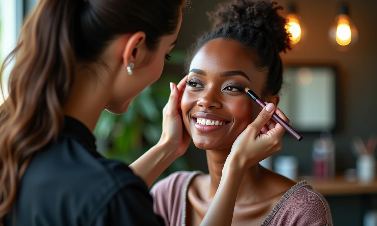 Mulher aplicando maquiagem personalizada com cores sob medida em estúdio.