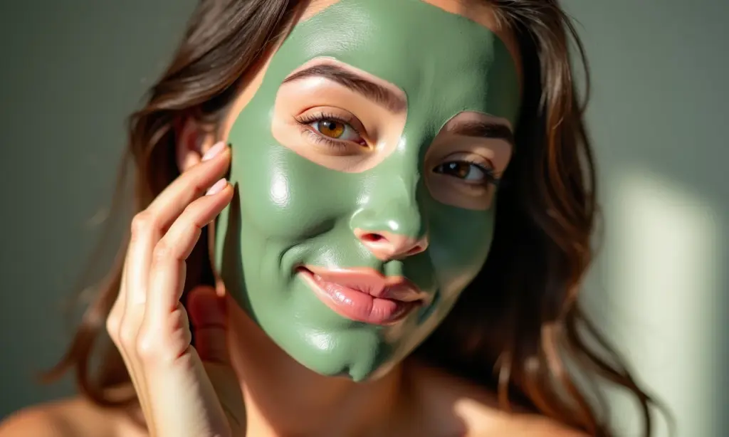 Mulher aplicando máscara de argila verde no rosto para tratamento de pele oleosa.