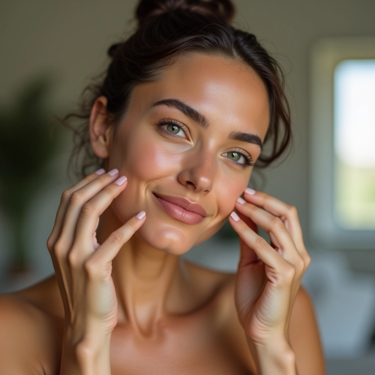 Mulher aplicando sérum facial para hidratação profunda.