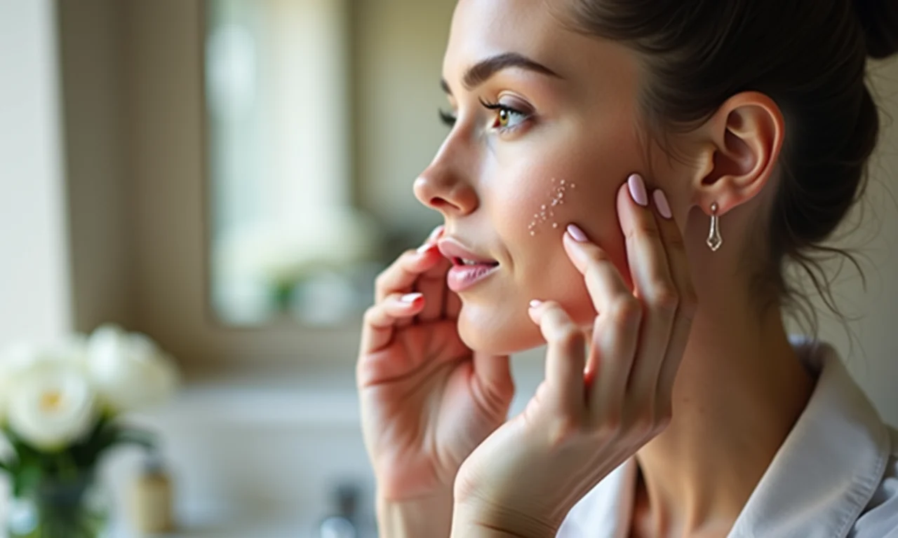Mulher aplicando um sérum dermatológico no rosto em um banheiro com luz natural e foco suave.