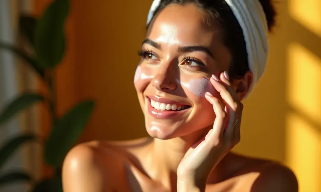 Mulher brasileira aplicando essência facial coreana para uma pele radiante.