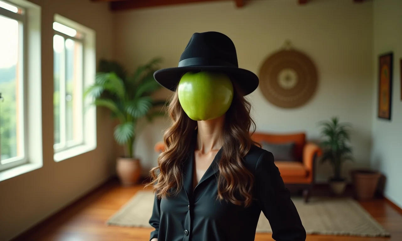 Mulher brasileira com chapéu coco e rosto escondido por uma maçã, estilo René Magritte.