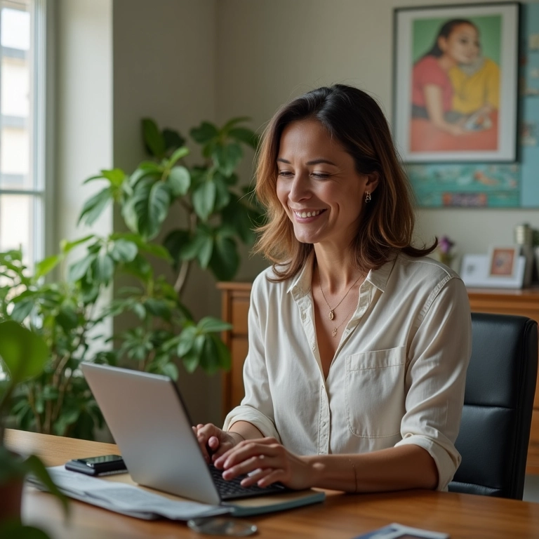 Mulher brasileira confiante analisando investimentos.
