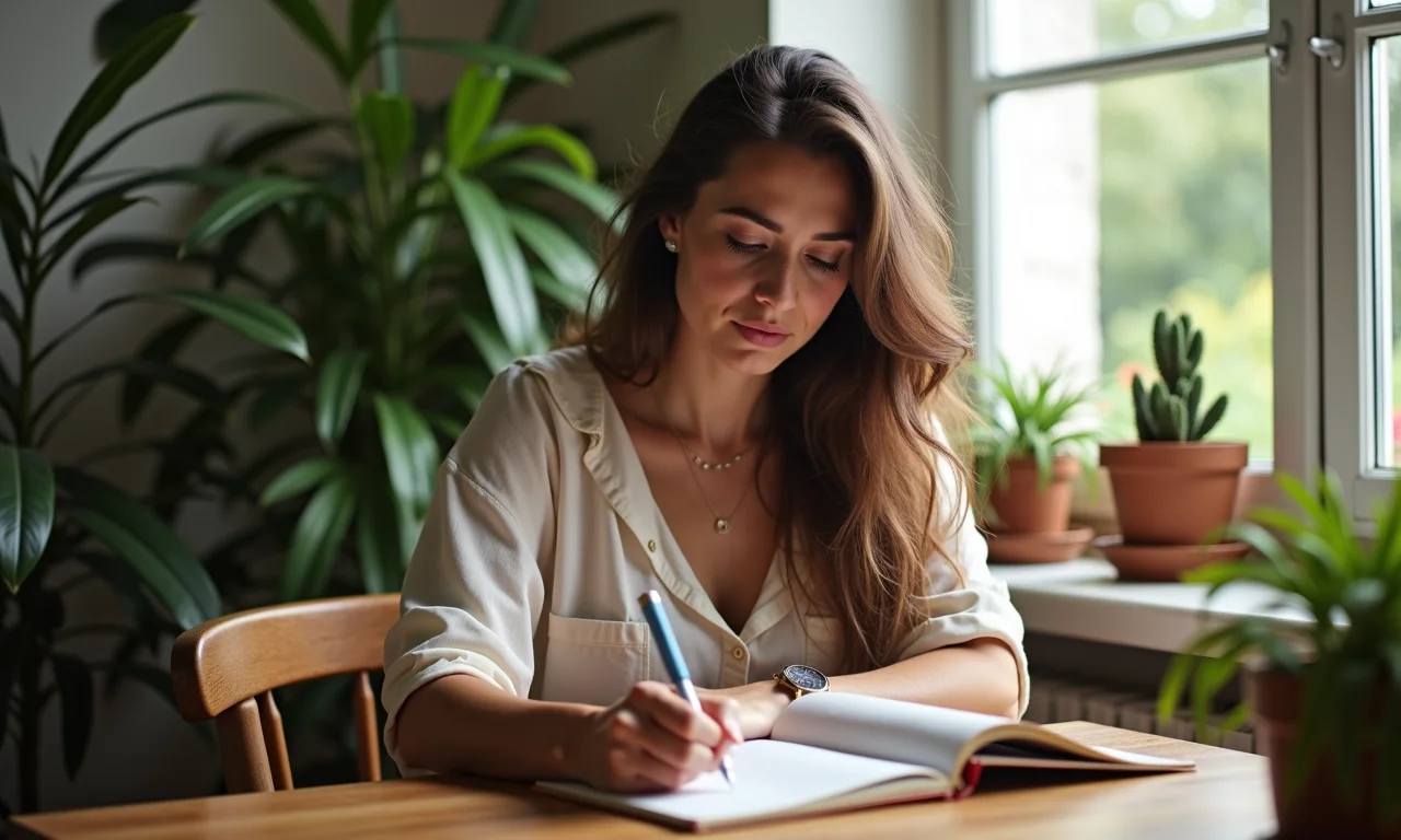 Mulher brasileira escrevendo em diário, desafiando pensamentos negativos em apartamento ensolarado.