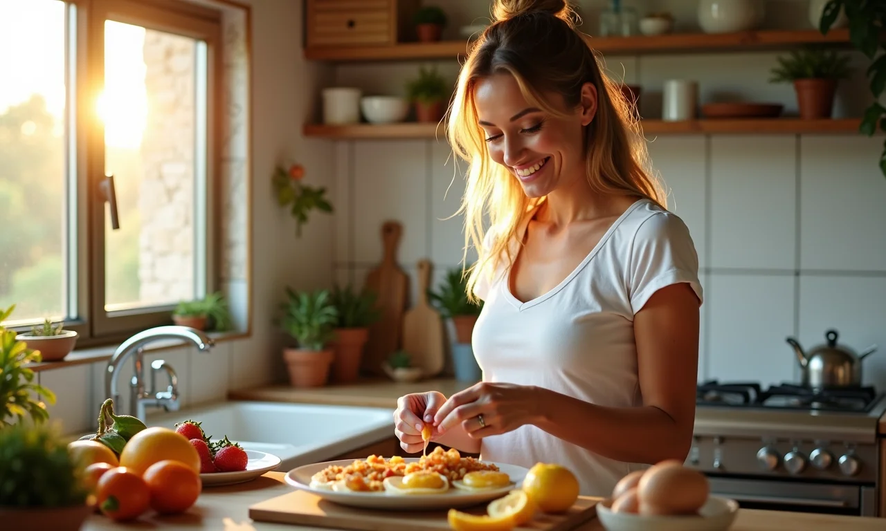 Mulher brasileira preparando café da manhã low carb, sorrindo em sua cozinha ensolarada.