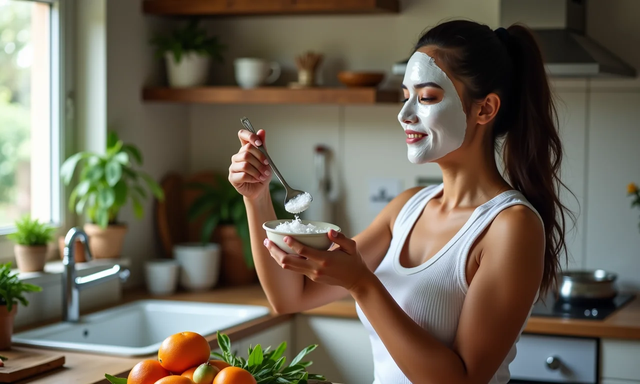 Mulher brasileira preparando máscara caseira de crioterapia capilar na cozinha.