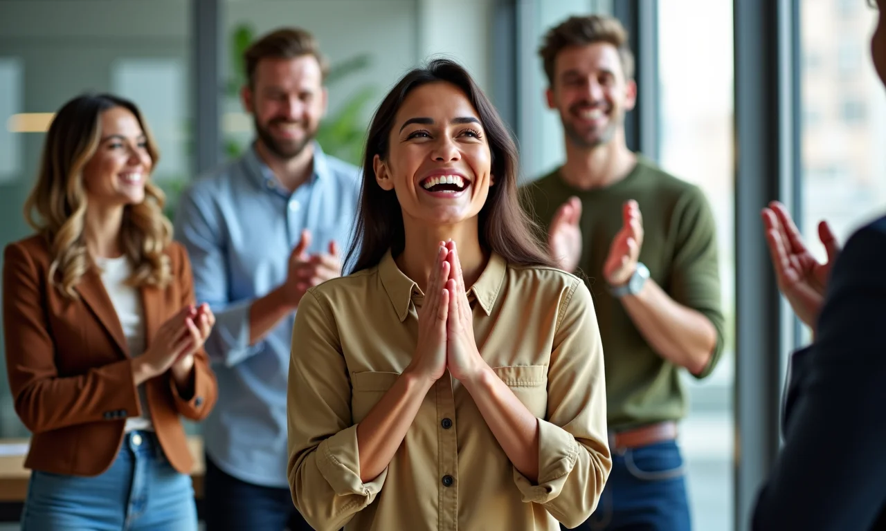 Mulher brasileira recebendo prêmio em escritório, celebrando sucesso com colegas diversos.
