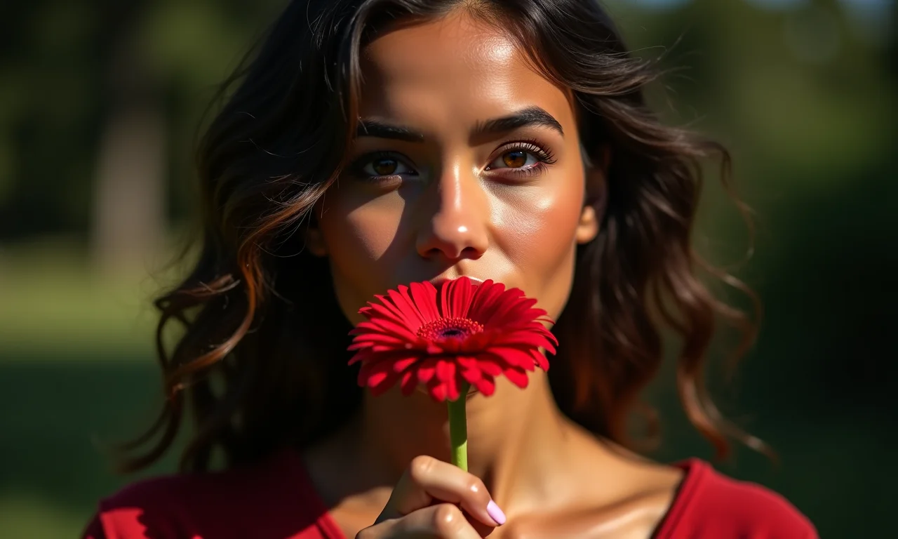 Mulher brasileira segurando uma gérbera vermelha, representando paixão e amor.