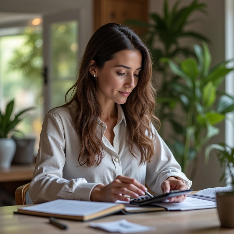 Mulher calculando metas financeiras em escritório em casa com decoração brasileira.