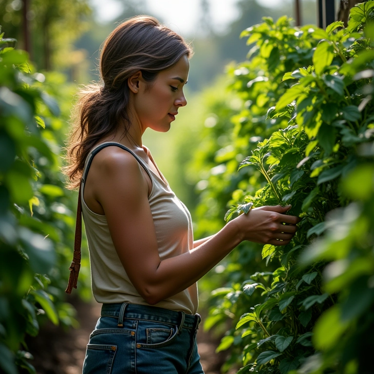 Mulher colhendo manjericão fresco em seu jardim vertical caseiro.