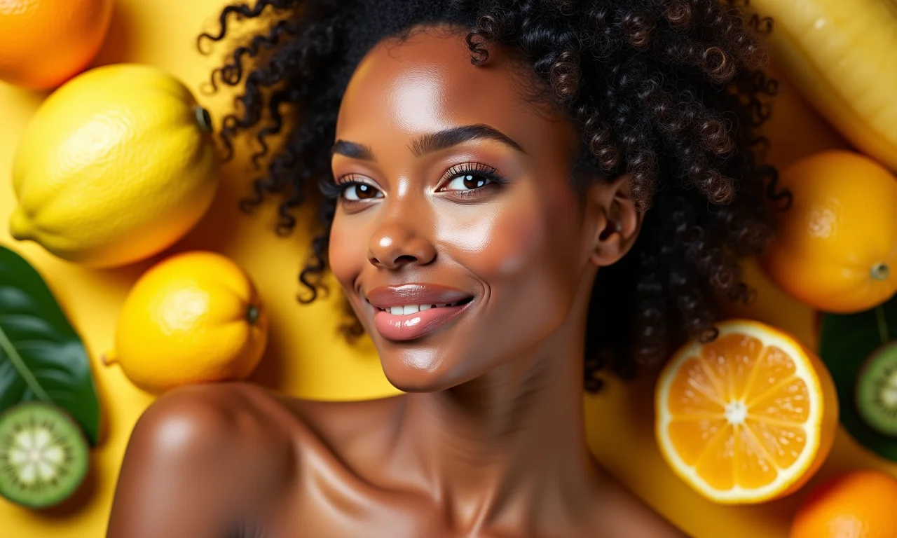 Mulher com pele radiante e ingredientes antioxidantes.