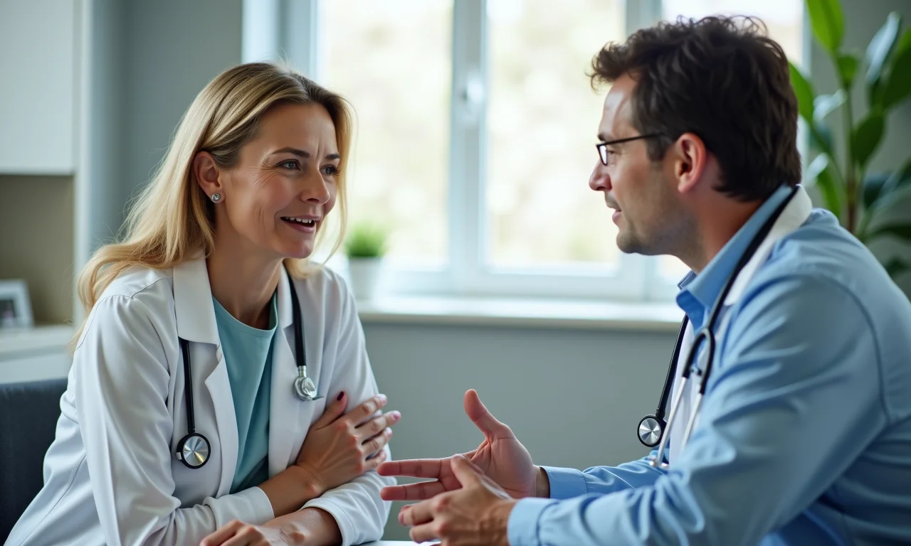 Mulher conversando com médico sobre sua dor, em consultório.