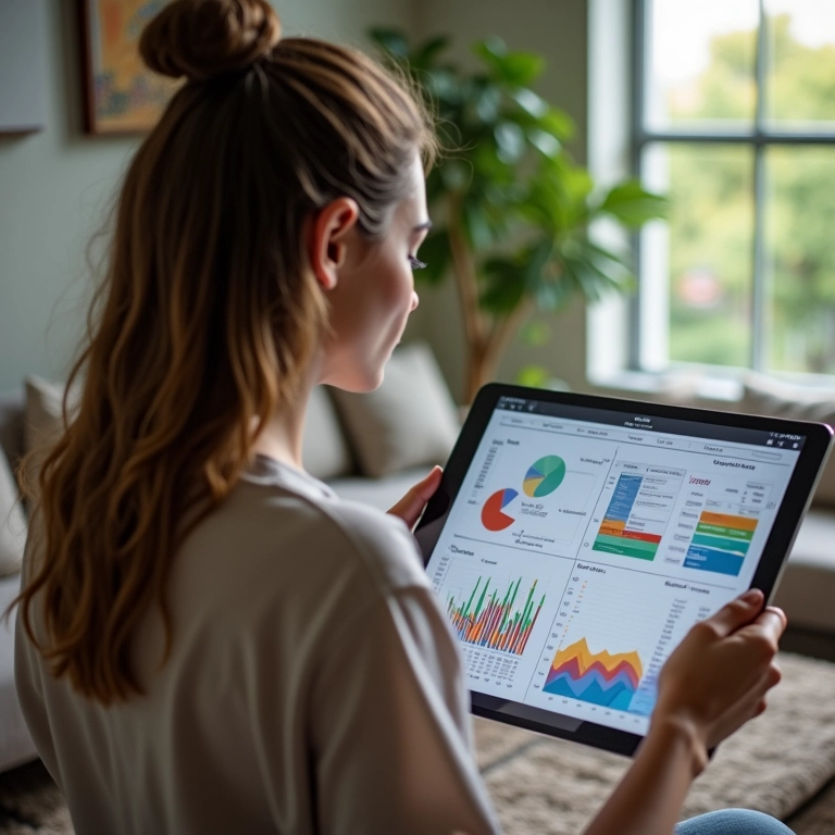Mulher criando plano de investimento em tablet em apartamento moderno com design brasileiro.