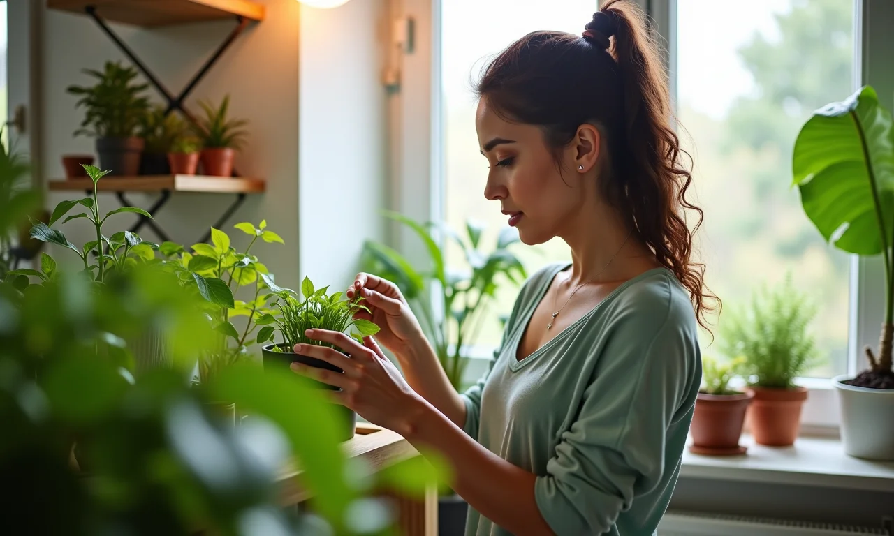 Mulher cuidando de horta autoirrigável interna, demonstrando os benefícios.