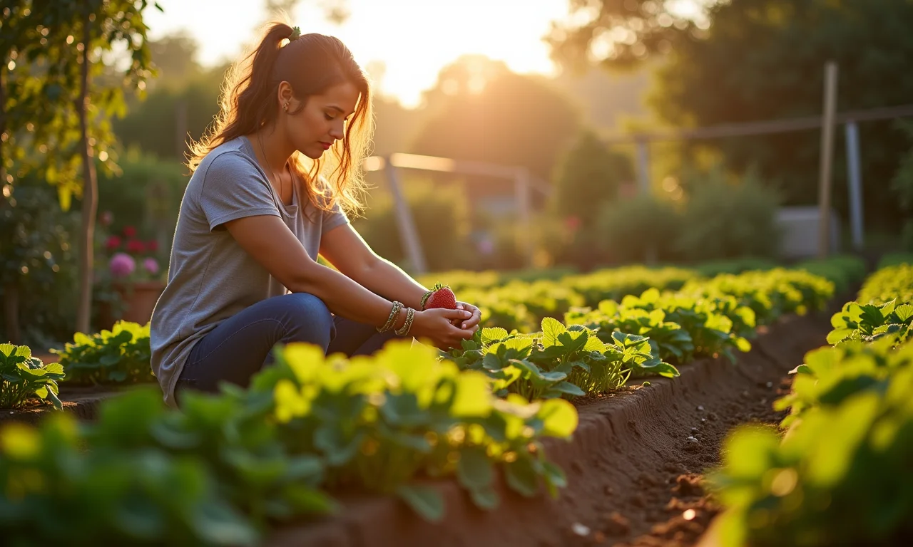 Mulher cuidando de morangueiros em canteiros elevados em um jardim ensolarado.