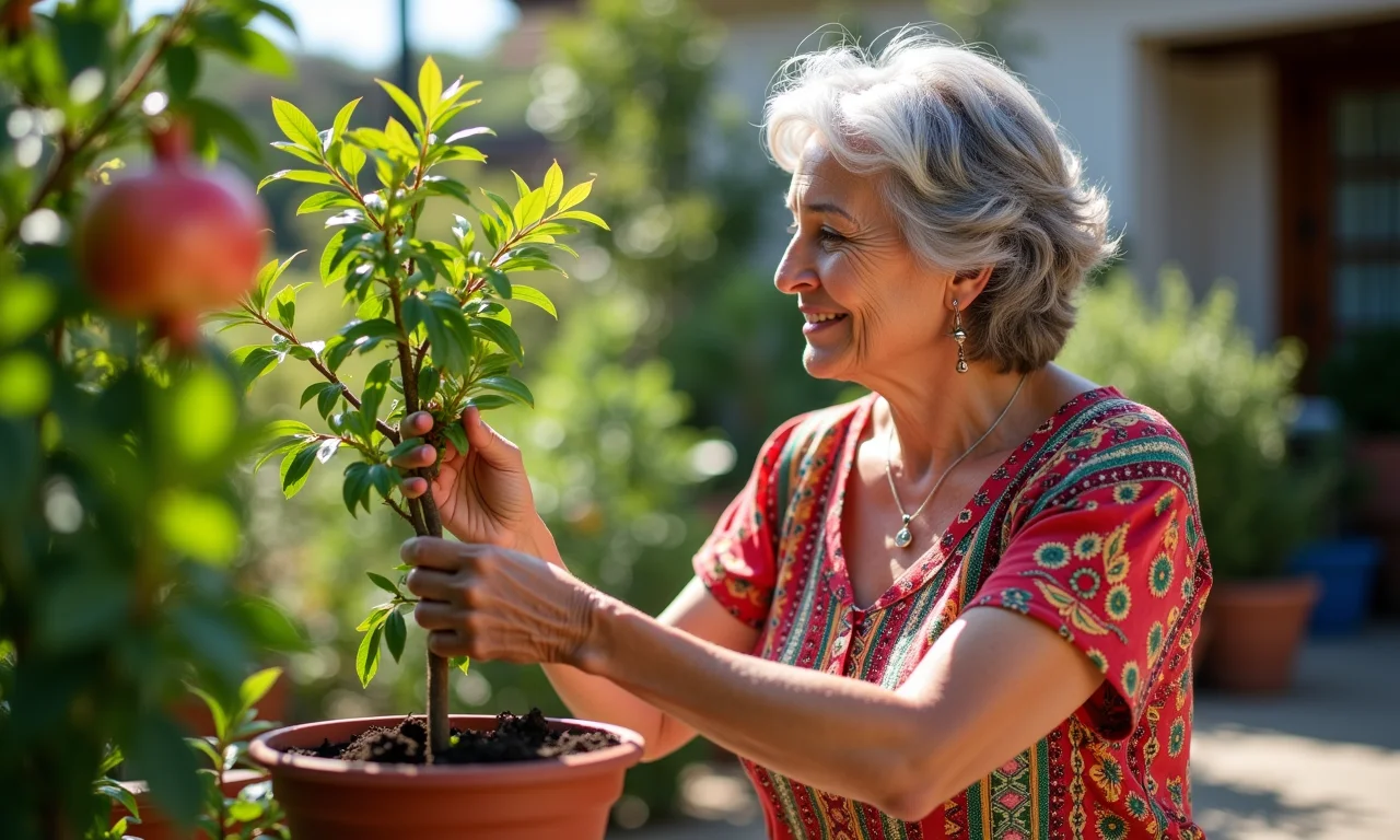 Mulher cuidando de sua romãzeira em vaso, dicas de especialista.