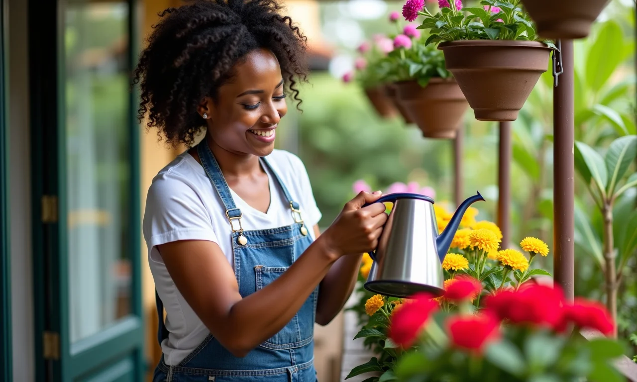 Mulher cuidando de suas flores pendentes em casa.