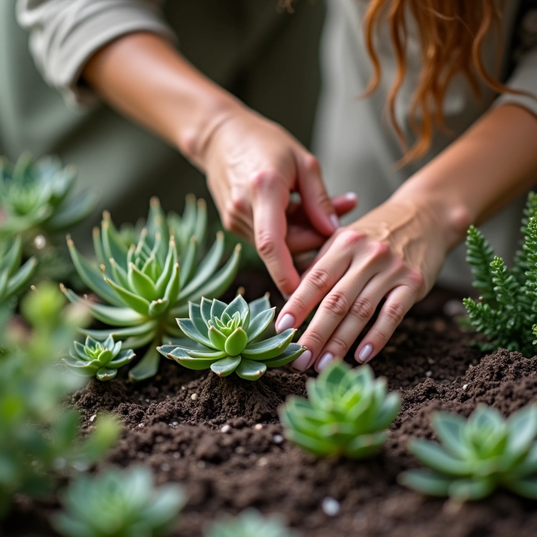 Mulher cuidando de suculentas plantadas em substrato com boa drenagem.