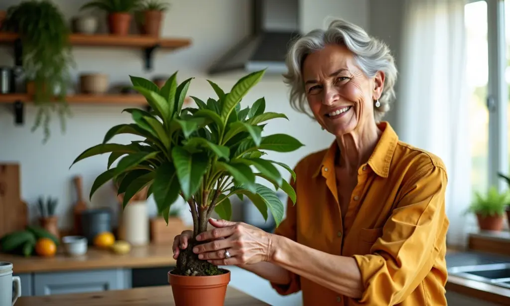 Mulher cuidando de um abacateiro em vaso em sua cozinha ensolarada.