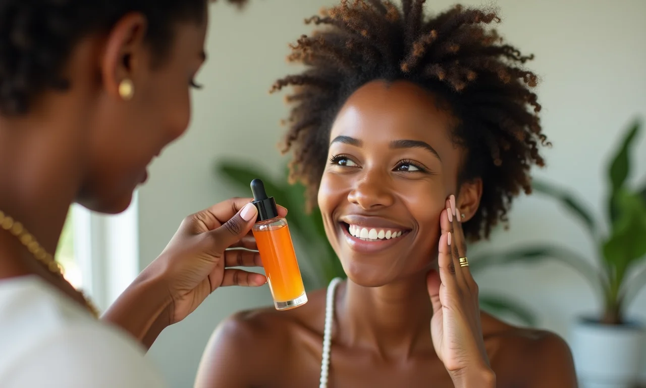 Mulher de meia-idade aplicando sérum de Vitamina C em ambiente iluminado.
