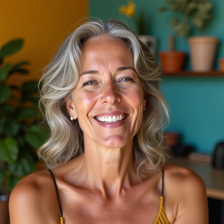 Mulher de meia-idade sorrindo com pele jovem após uso de sérum.