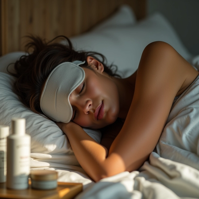 Mulher dormindo com sleeping mask, pele luminosa.