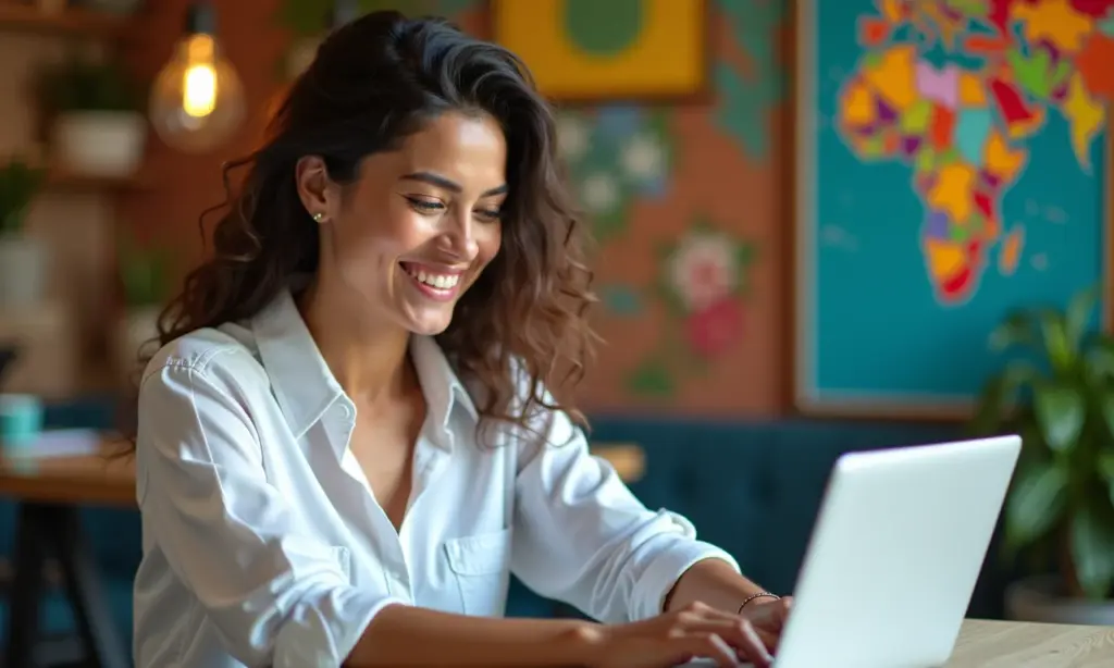 Mulher emitindo nota fiscal MEI em um ambiente de trabalho vibrante.