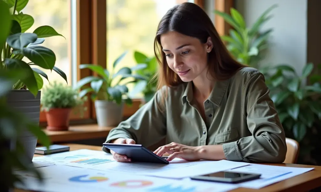 Mulher empreendedora analisando custos MEI em escritório vibrante.