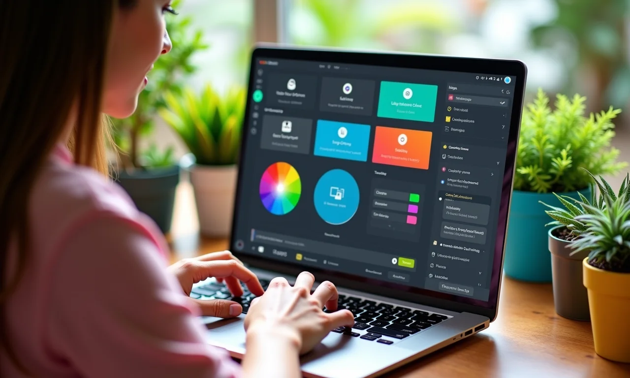 Mulher escolhendo software de gestão financeira em laptop.