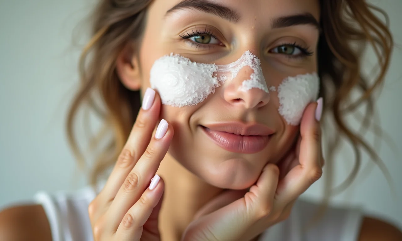 Mulher esfoliando o rosto suavemente com um esfoliante facial, revelando a textura do produto.