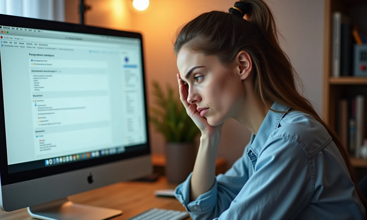 Mulher estressada olhando para tela de computador, representando procrastinação.
