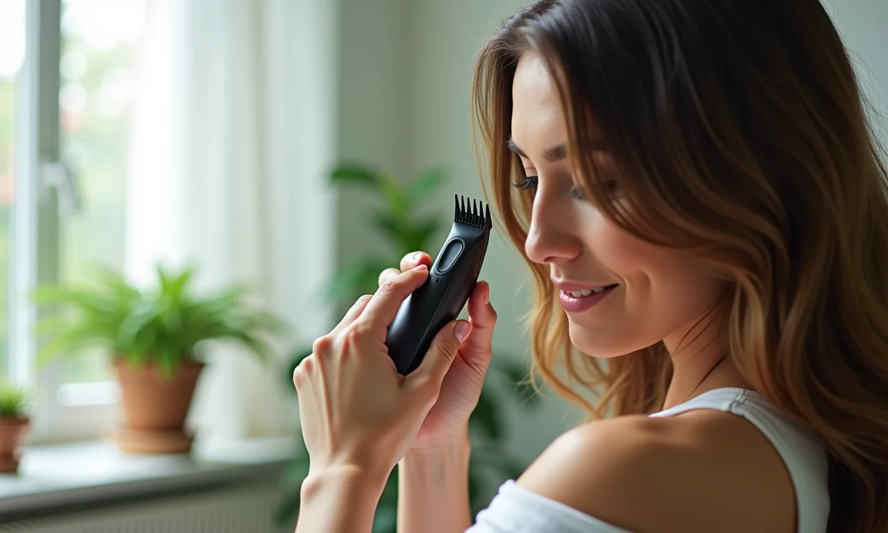 Mulher fazendo corte bordado em casa com máquina de pontas duplas.
