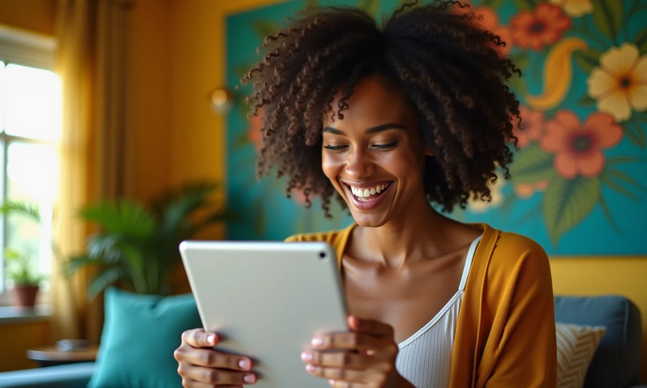 Mulher feliz usando um produto com avaliações positivas em um tablet.